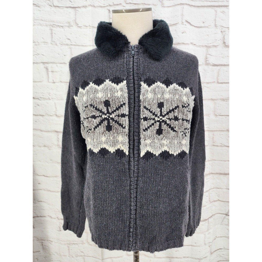 Vintage Y2K Cherokee Knit Sweater Fur Collar Snowflake Full Zip Apres Ski Medium